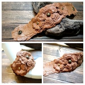 Recycled leather flower cuff bracelet
